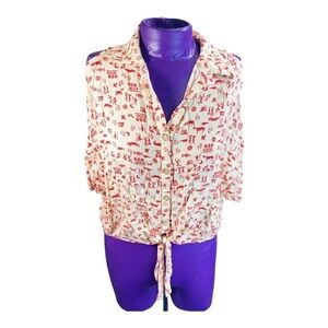 YA Los Angeles red cream primitive animal pattern cold shoulder vneck crop top S